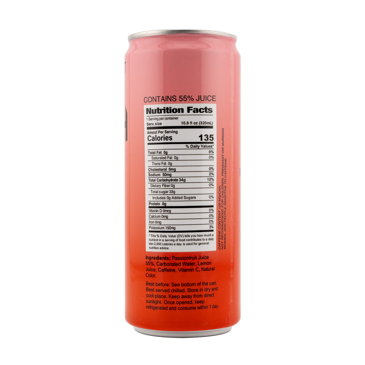 Passionfruit Juice 55%, Carbonated Water, Lemon Juice, Caffeine, Vitamin C, Natural Color