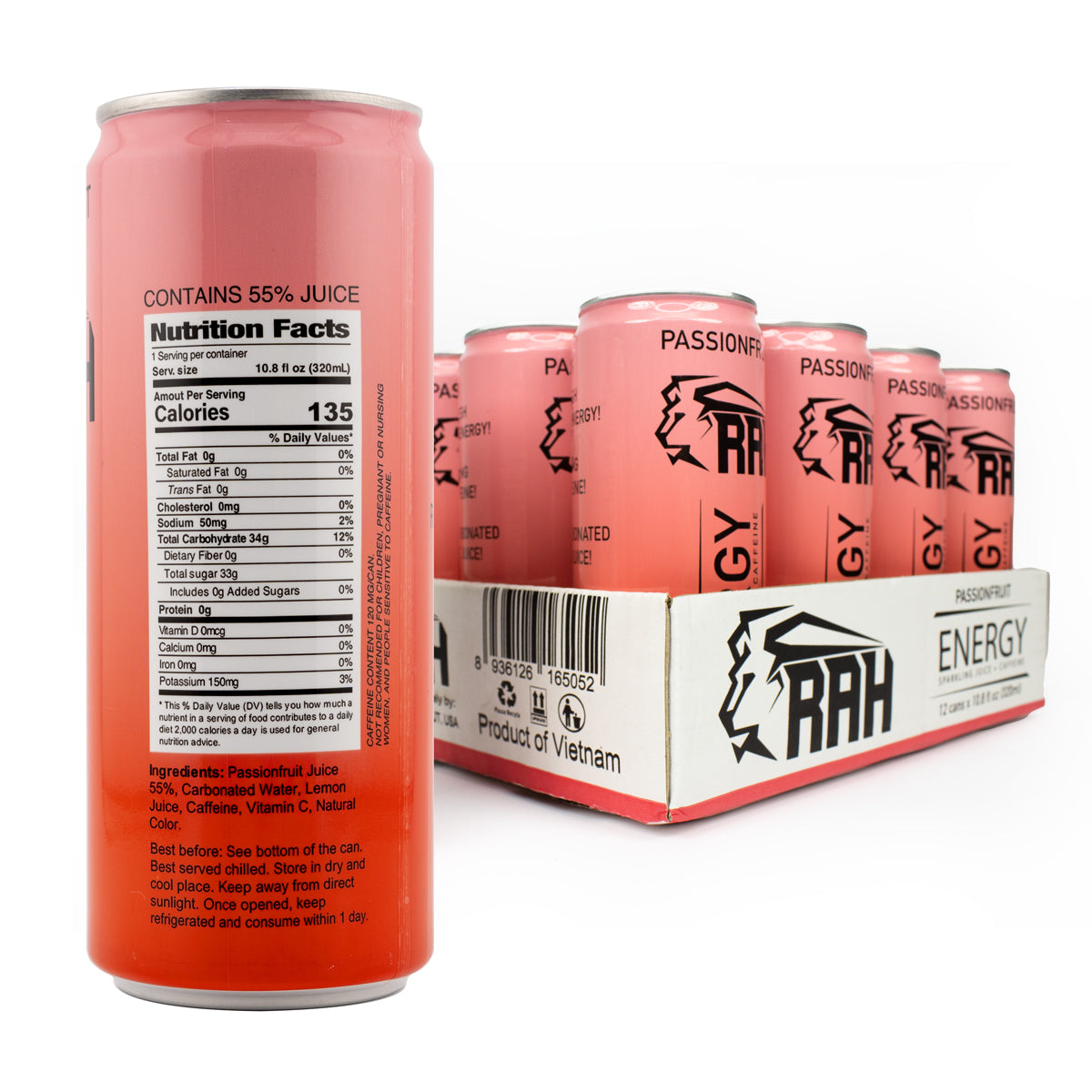 RAH Energy, Passionfruit, Sparkling Juice + Caffeine 10.8fl oz Can (12 Pack)