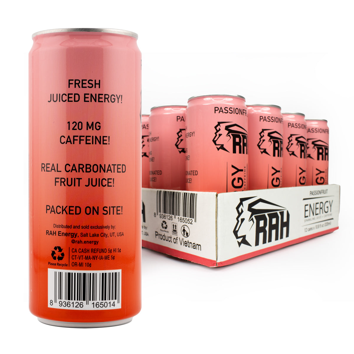 RAH Energy, Passionfruit, Sparkling Juice + Caffeine 10.8fl oz Can (12 Pack)