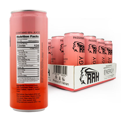 RAH Energy, Passionfruit, Sparkling Juice + Caffeine 10.8fl oz Can (12 Pack)